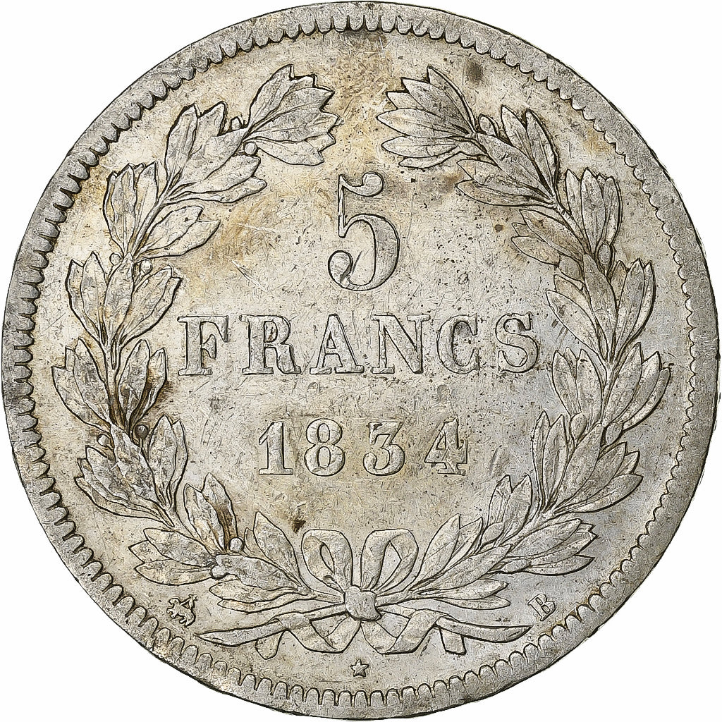France, 5 Francs, Louis-Philippe, 1834, Rouen, Silver, AU(50-53), KM:749.2