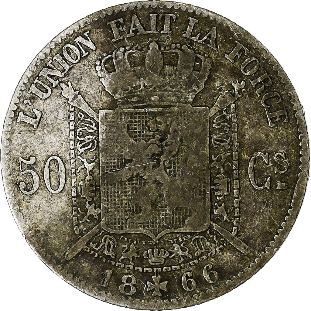 Bélgica, 50 Centimes, 1866, Plata, BC+, KM:Pn68