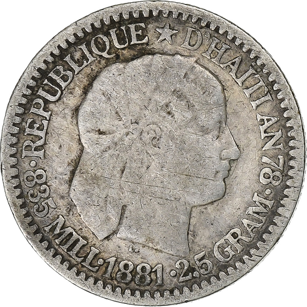 Haiti, 10 Centimes, 1881, Srebro, VF(20-25), KM:44