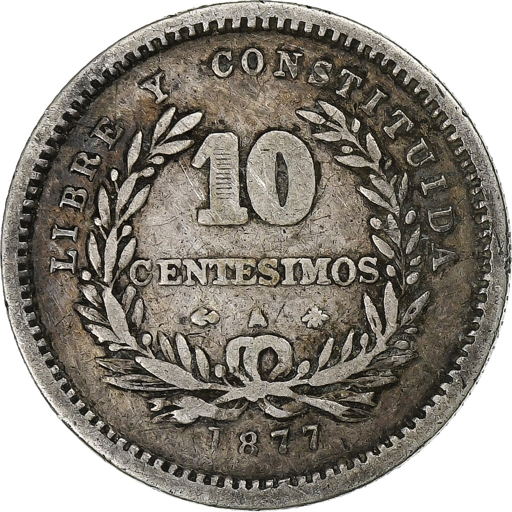 Urugwaj, 10 Centesimos, 1877, Paris, Srebro, VF(30-35), KM:14