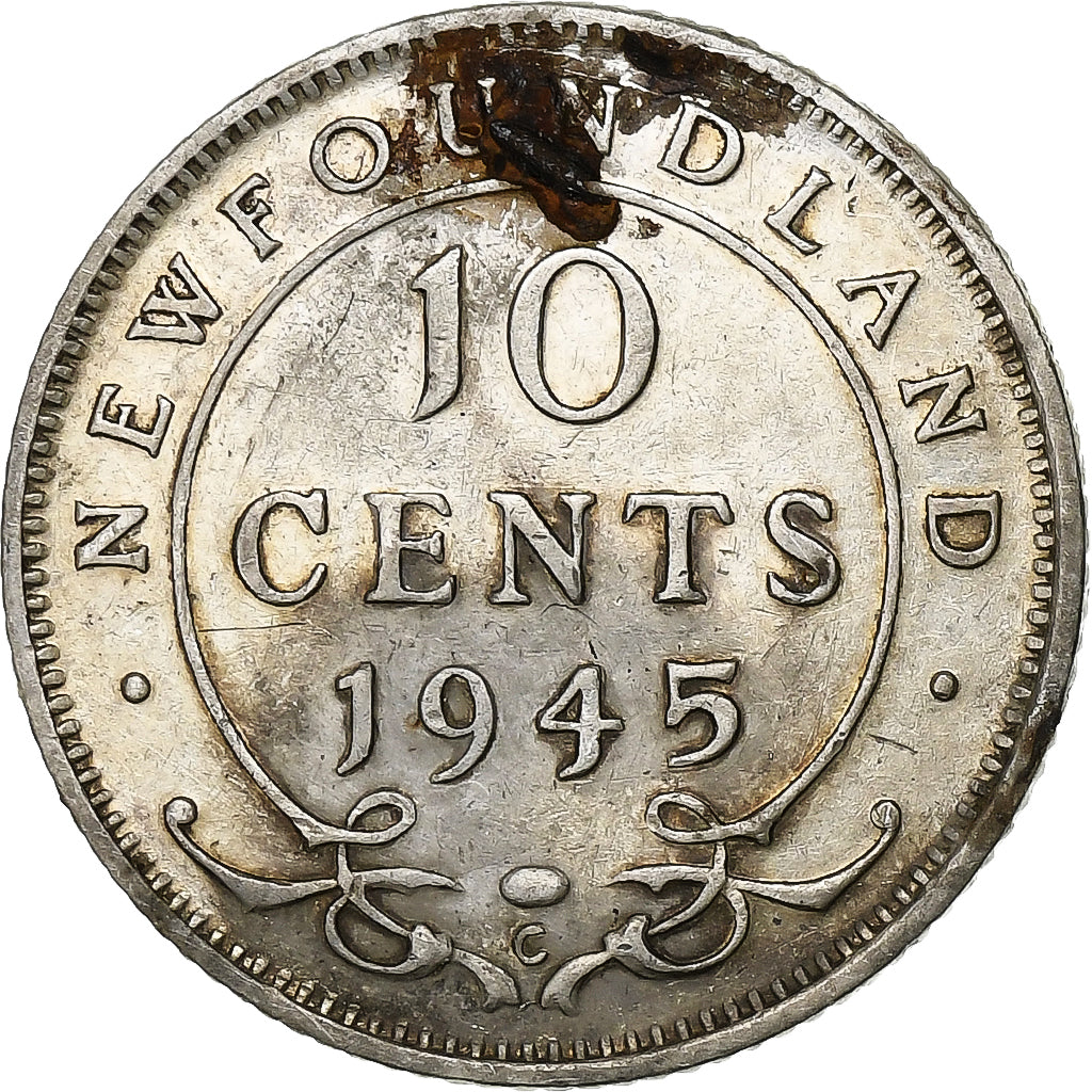 NEWFOUNDLAND, 10 Cents, 1945, Royal Canadian Mint, Silver, EF(40-45), KM:20a