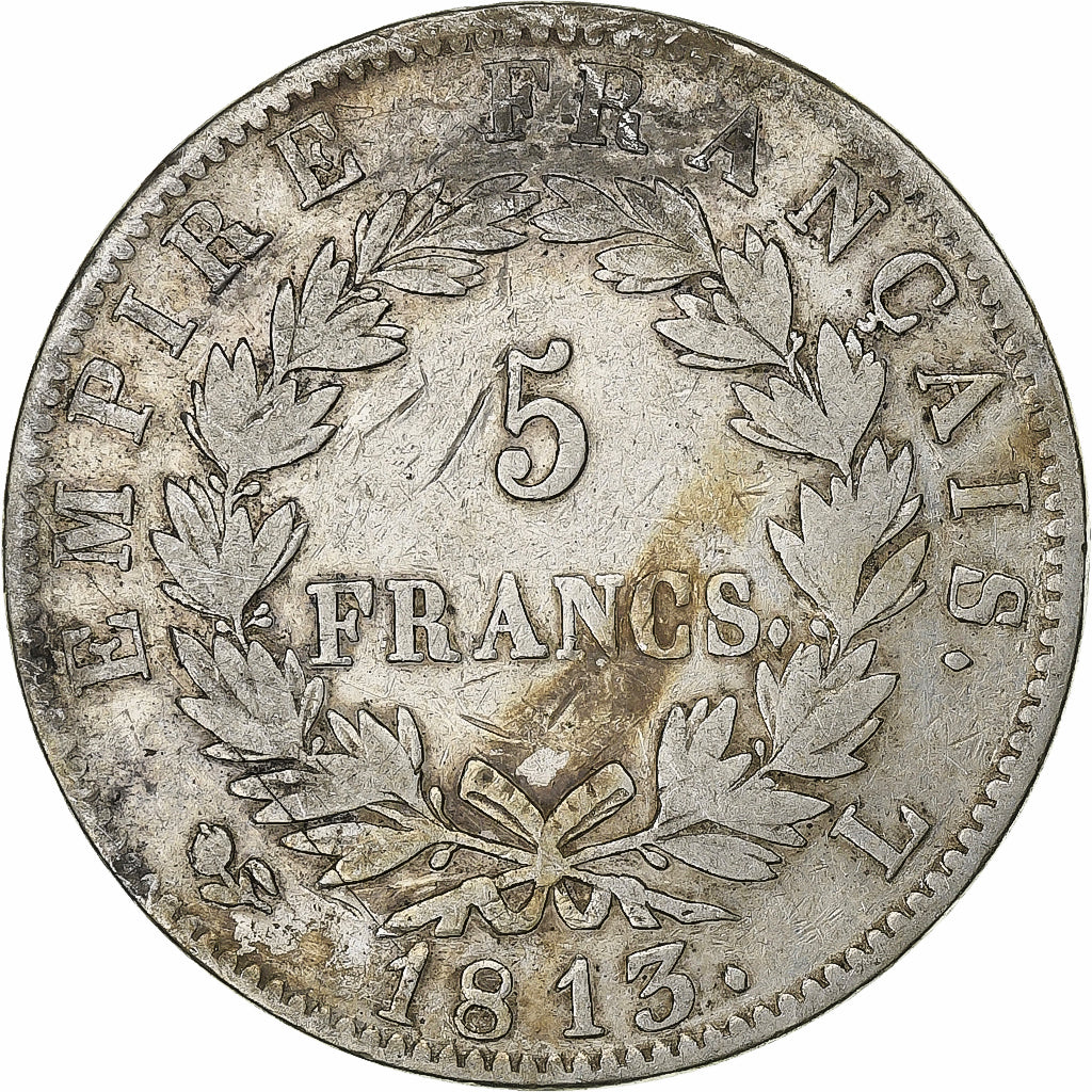 Francia, 5 Francs, Napoléon I, 1813, Bayonne, Plata, BC+, KM:694.9