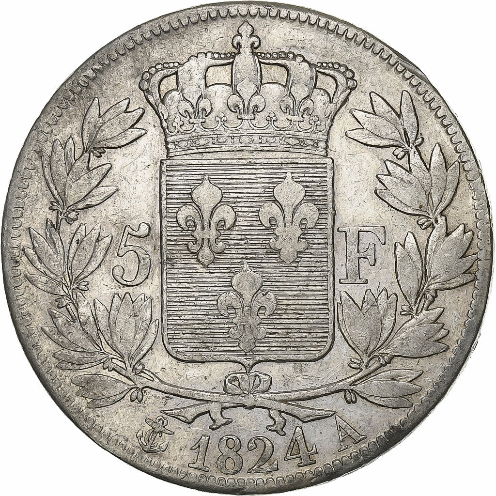 Francia, Louis XVIII, 5 Francs, Louis XVIII, 1824, Paris, Plata, BC+, KM:711.13