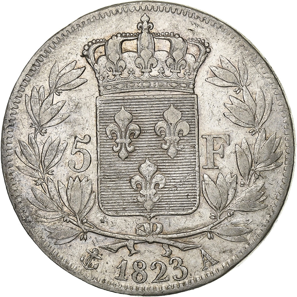 Francja, Louis XVIII, 5 Francs, Louis XVIII, 1823, Paris, Srebro, EF(40-45)