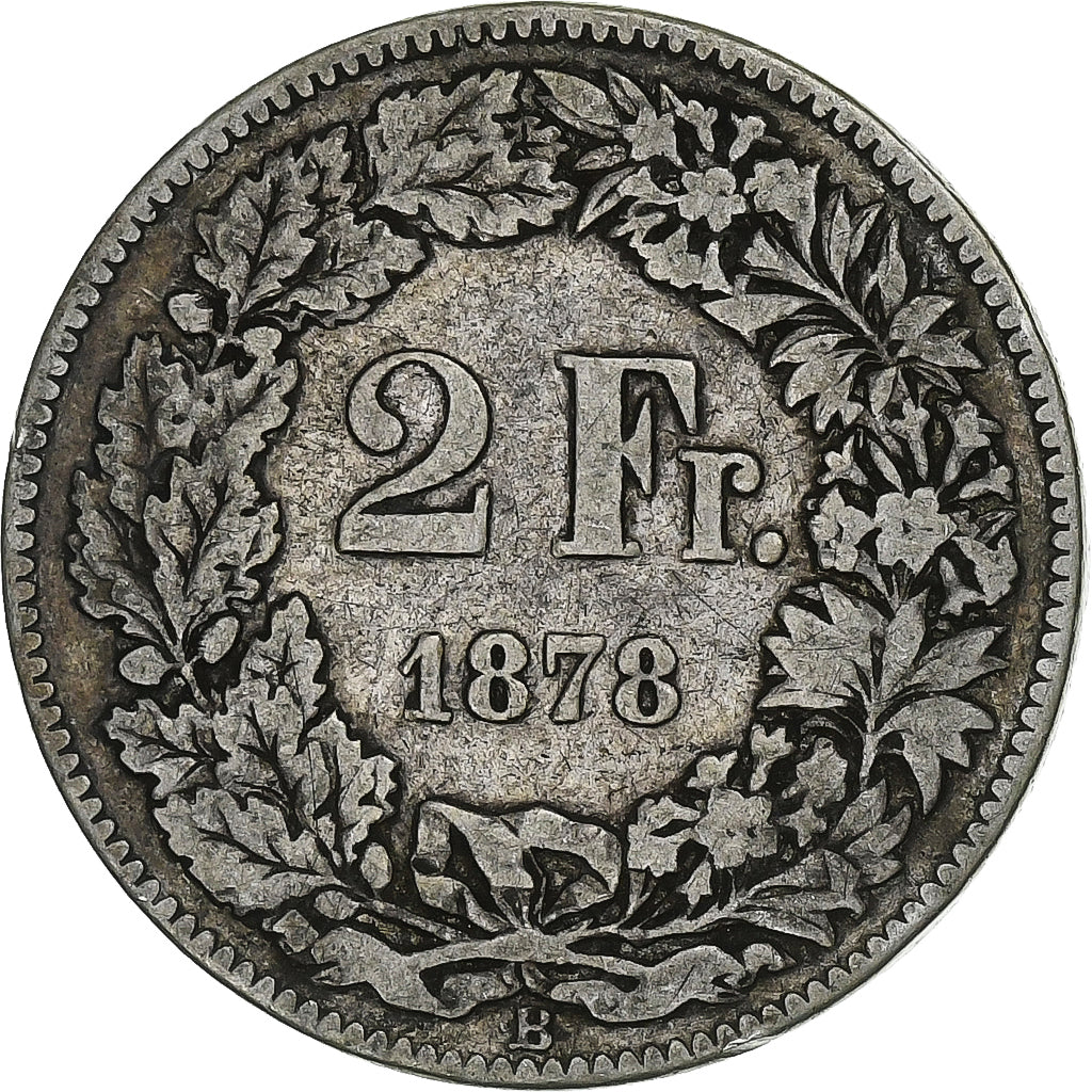 Suíça, 2 Francs, 1878, Bern, Prata, VF(20-25), KM:21