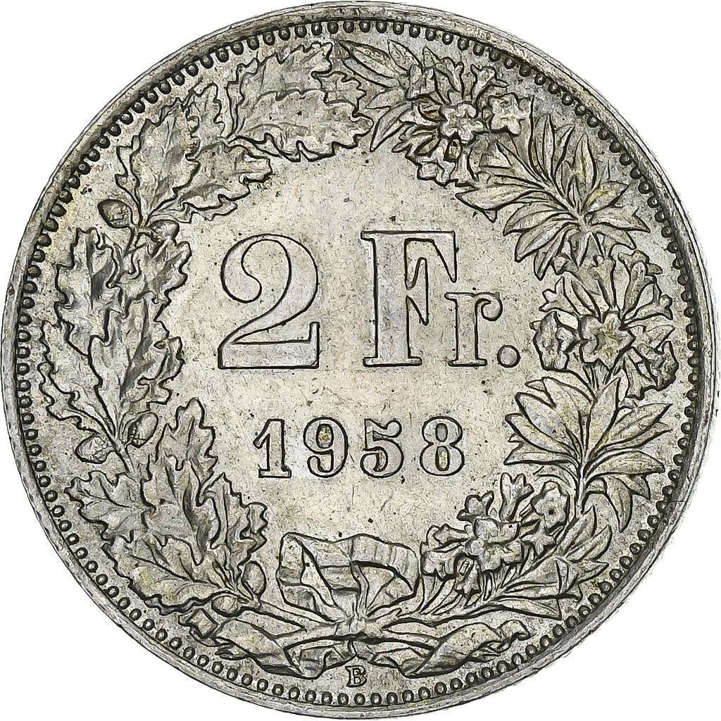 Switzerland, 2 Francs, 1958, Bern, Silver, MS(60-62), KM:21