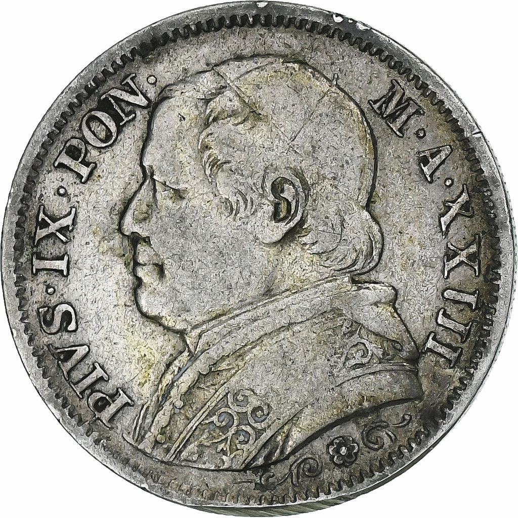 ESTADOS ITALIANOS, PAPAL STATES, Pius IX, Lira, 1868, Rome, Prata, VF(20-25)