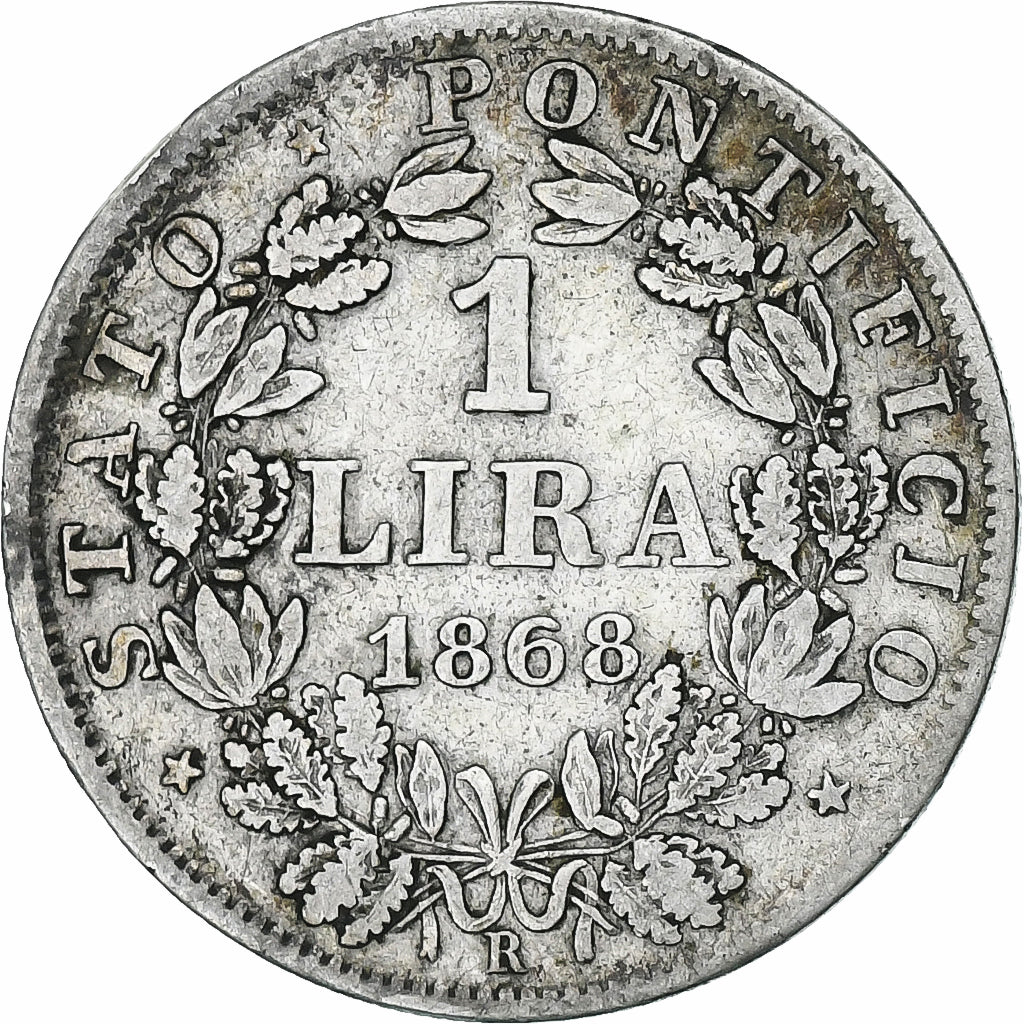ESTADOS ITALIANOS, PAPAL STATES, Pius IX, Lira, 1868, Rome, Prata, VF(20-25)