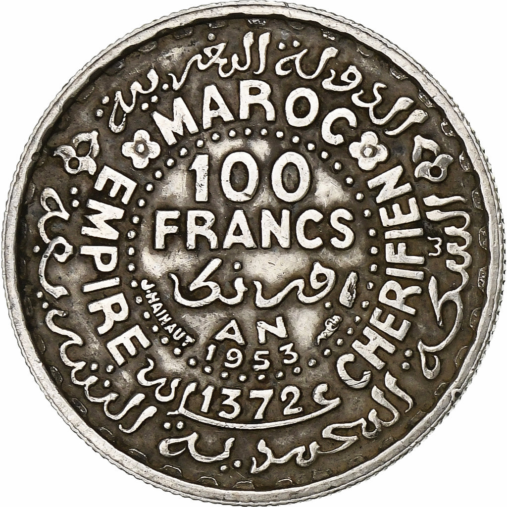Morocco, Mohammed V, 100 Francs, 1953, Paris, Silver, EF(40-45), KM:52