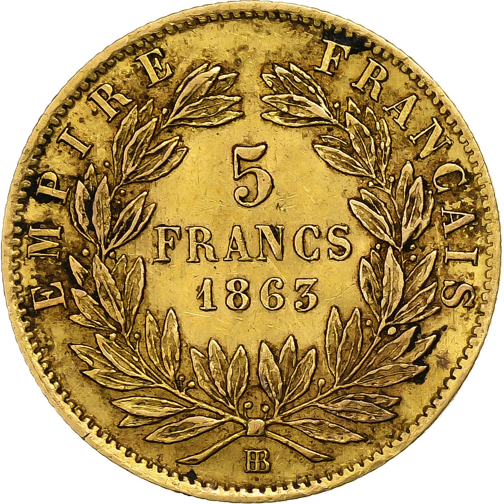 Francia, Napoleon III, 5 Francs, Napoléon III, 1863, Strasbourg, Oro, BB+