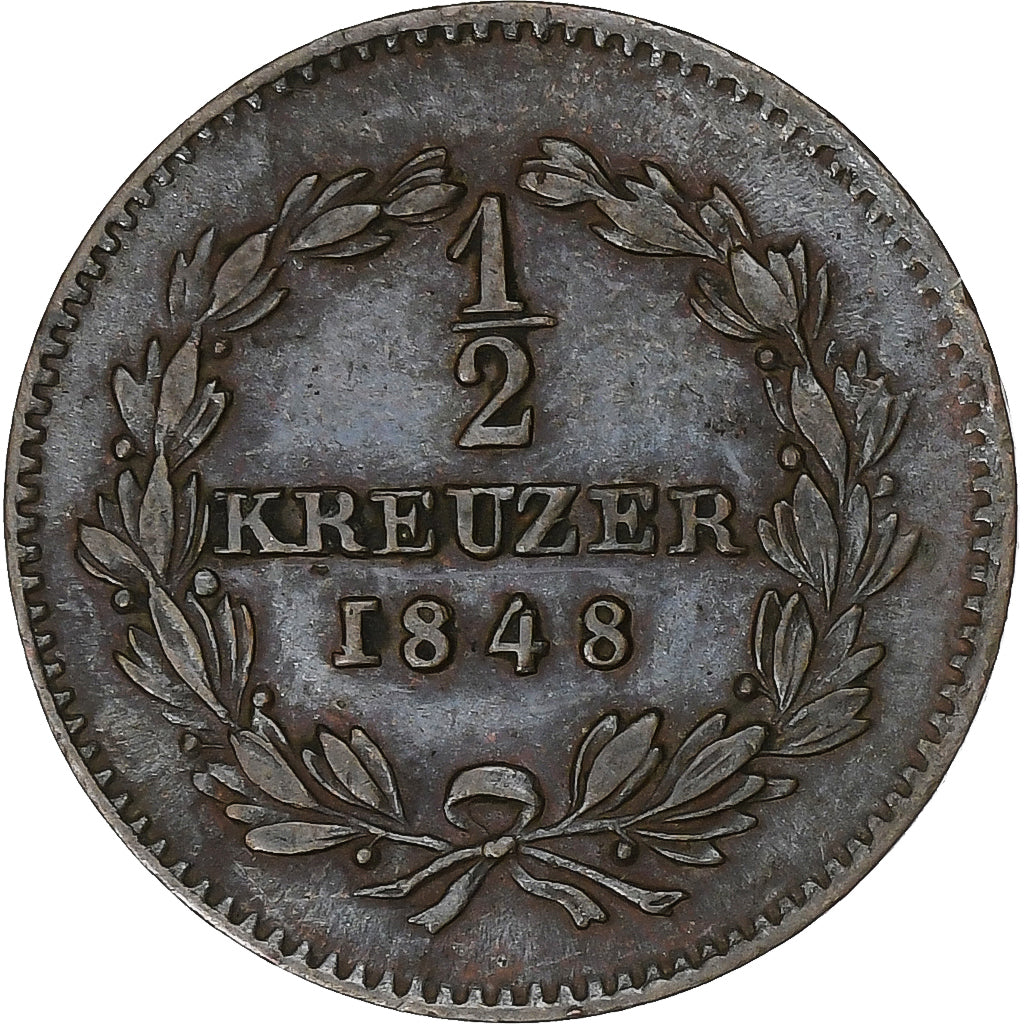 Estados Alemães, BADEN, Leopold I, 1/2 Kreuzer, 1848, Cobre, VF(30-35), KM:213