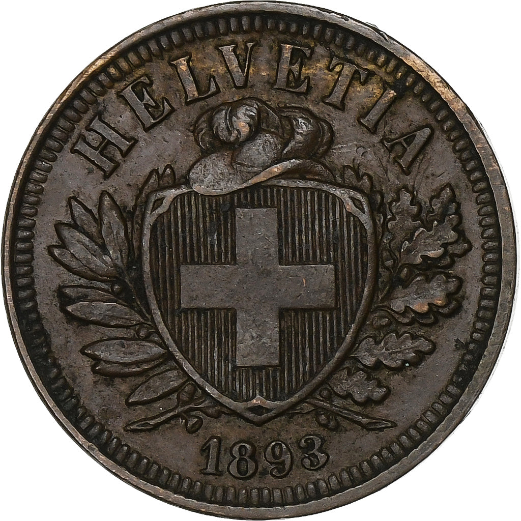 Suiza, 2 Rappen, 1893, Bern, Bronce, MBC, KM:4.2