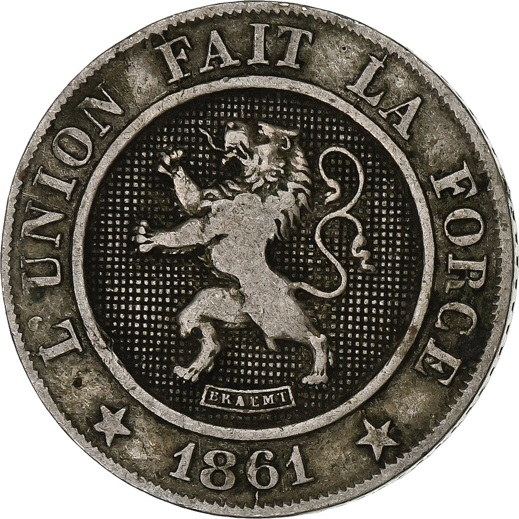 Belgia, Leopold I, 10 Centimes, 1861, Miedź-Nikiel, EF(40-45), KM:22