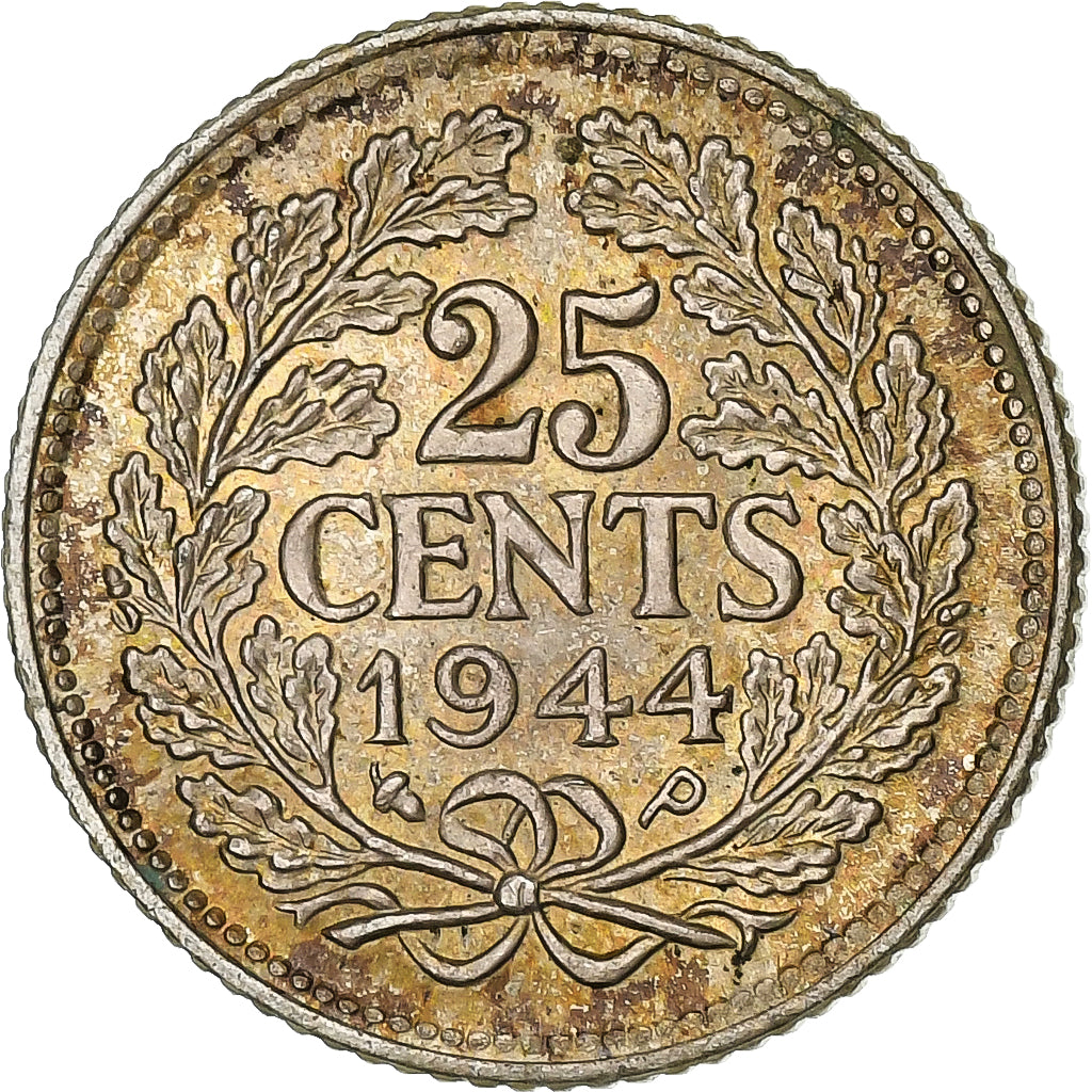 Pays-Bas, Wilhelmina I, 25 Cents, 1944, Argent, TTB, KM:164