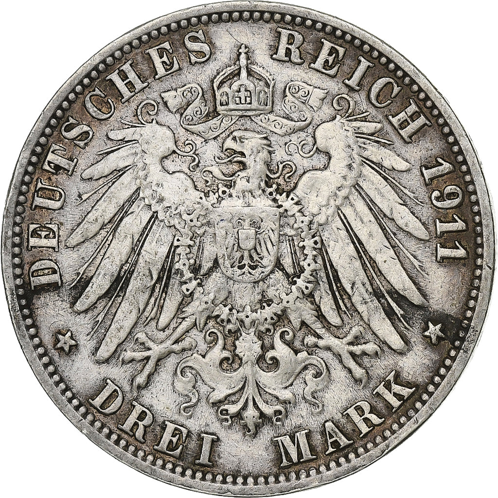 German States, WURTTEMBERG, Wilhelm II, 3 Mark, 1911, Freudenstadt, Silver