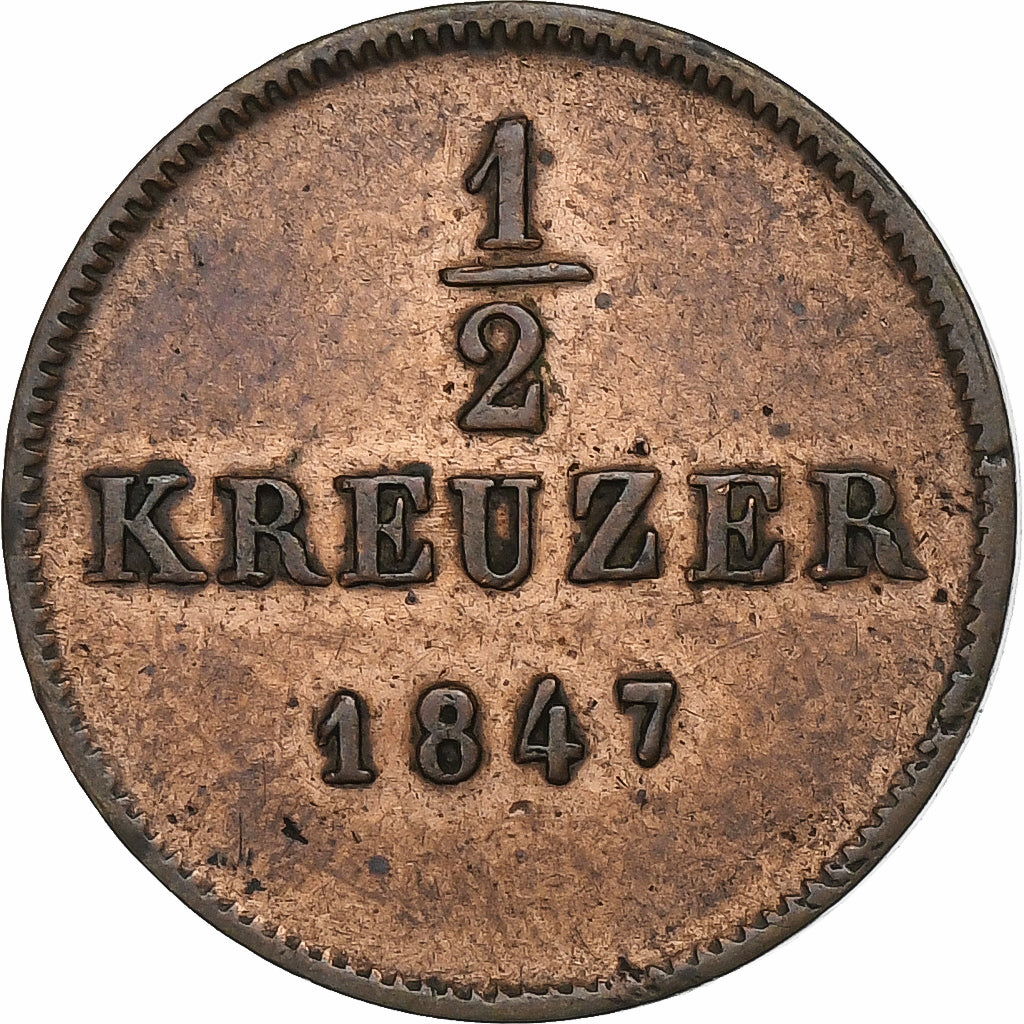 German States, WURTTEMBERG, Wilhelm I, 1/2 Kreuzer, 4 Pfennig, 1847, Stuttgart