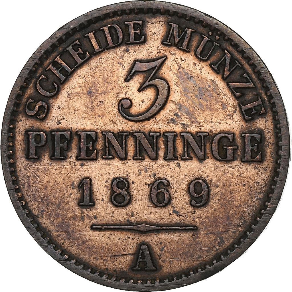 German States, PRUSSIA, Wilhelm I, 3 Pfennig, 1869, Berlin, Copper, EF(40-45)