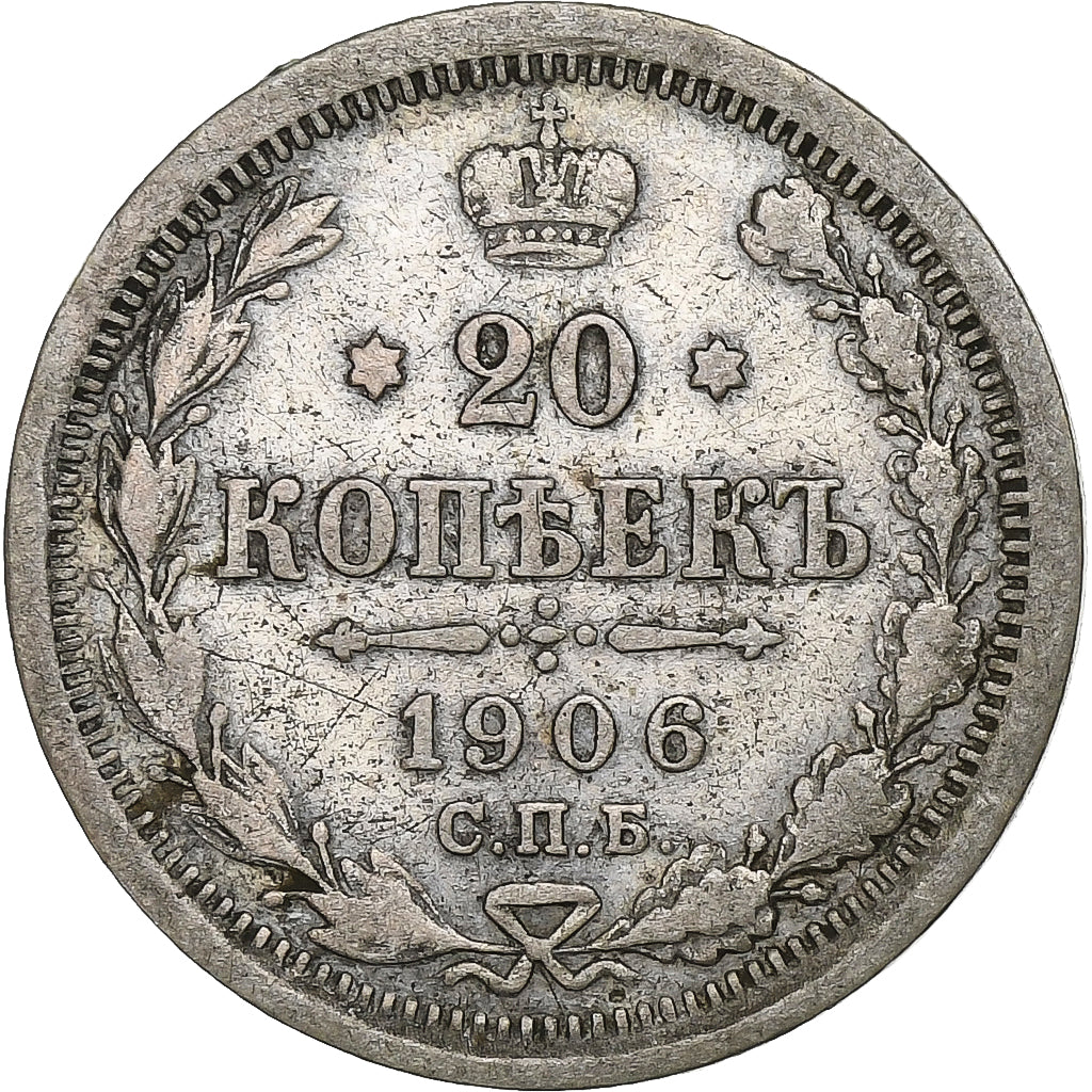 Russia, Nicholas II, 20 Kopeks, 1906, Saint Petersburg, Argento, BB, KM:22a.1