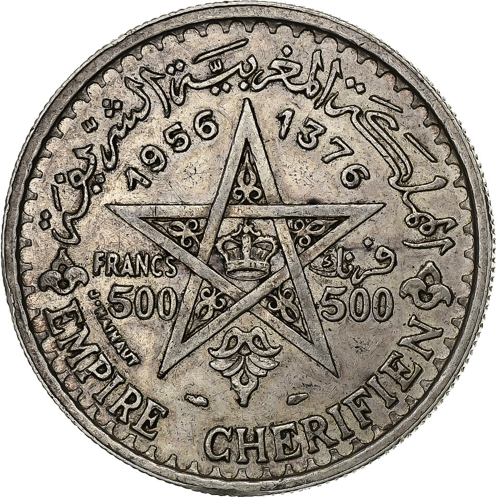 Morocco, Mohammed V, 500 Francs, 1956, Paris, Silver, AU(50-53), KM:54