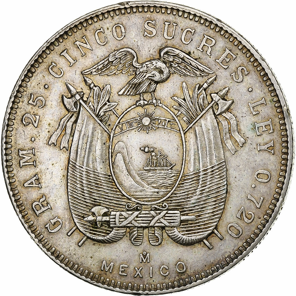 Ecuador, 5 Sucres, Cinco, 1944, Mexico City, Silver, AU(50-53), KM:79
