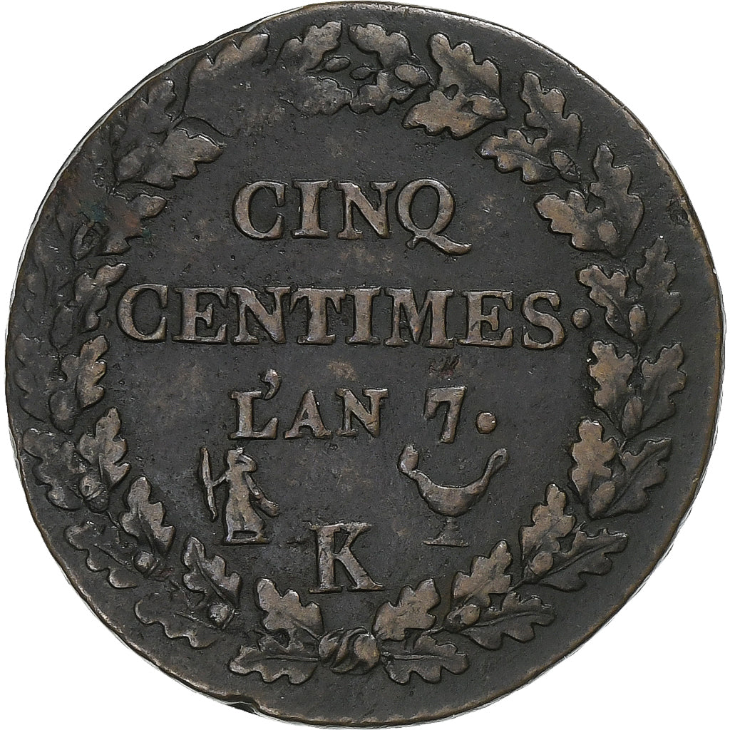 Frankreich, 5 Centimes, Dupré, AN 7, Bordeaux, Bronze, S+, KM:640.8