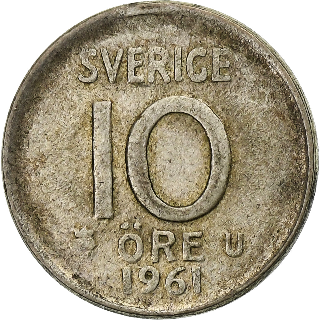 Szwecja, Gustaf VI, 10 Öre, 1961, Stockholm, Srebro, VF(30-35), KM:823