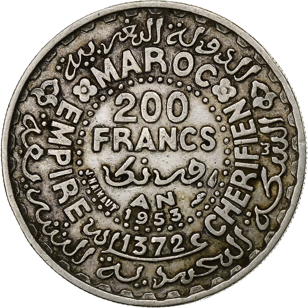 Marruecos, Mohammed V, 200 Francs, 1953, Paris, Plata, MBC, KM:53