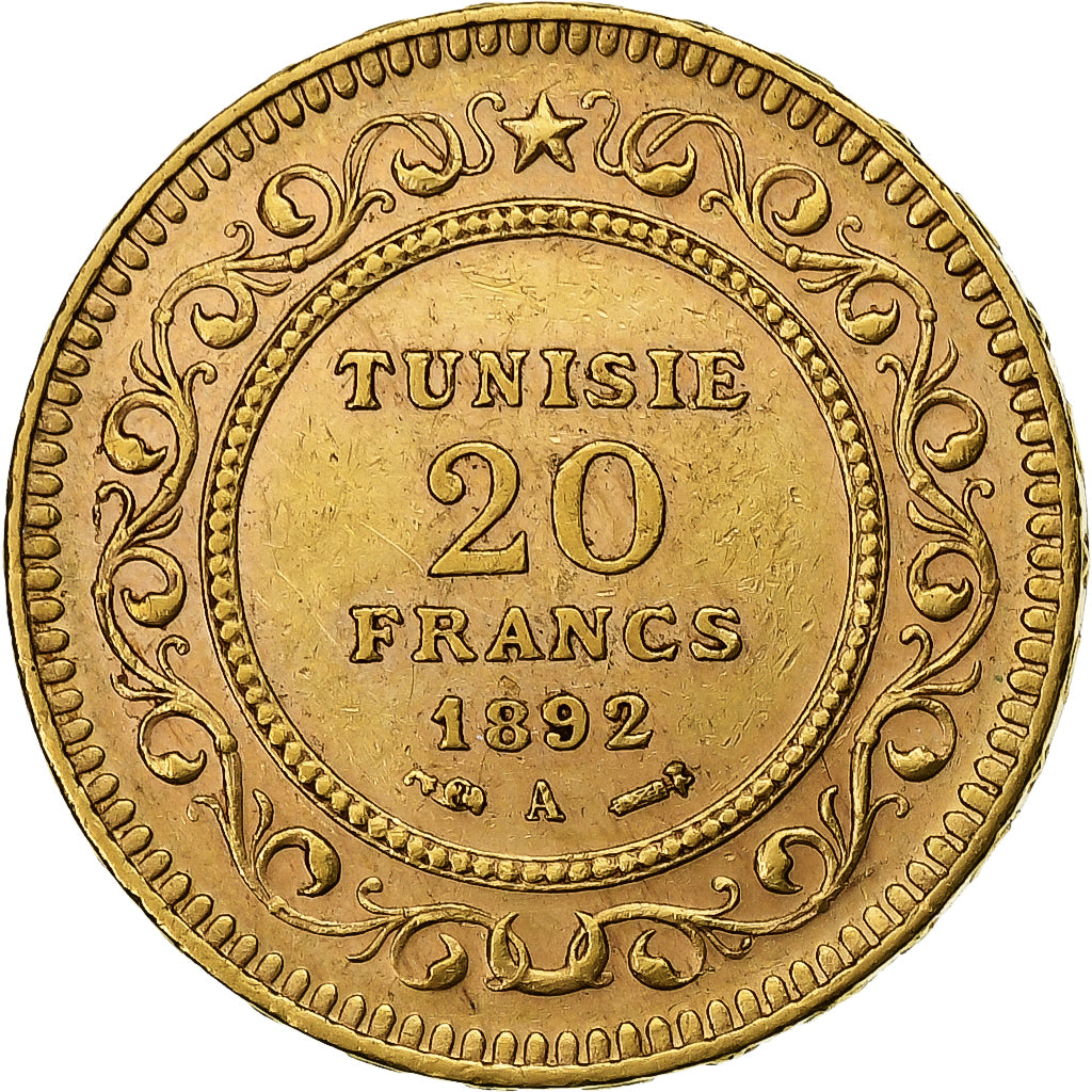 Tunisia, Ali Bey, 20 Francs, 1892, Paris, Gold, AU(55-58), KM:227