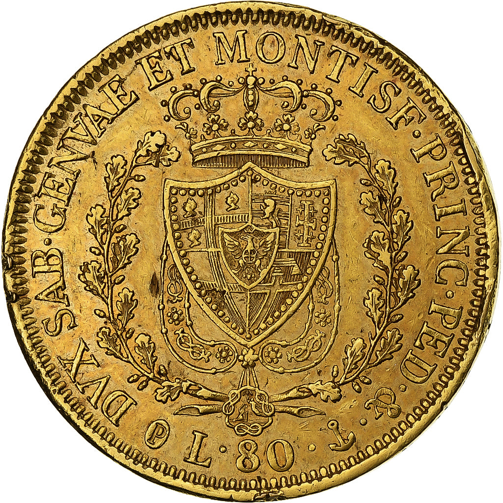 Royaume de Sardaigne, Charles Felix, 80 Lire, 1830, Gènes, Or, TTB, KM:123.2