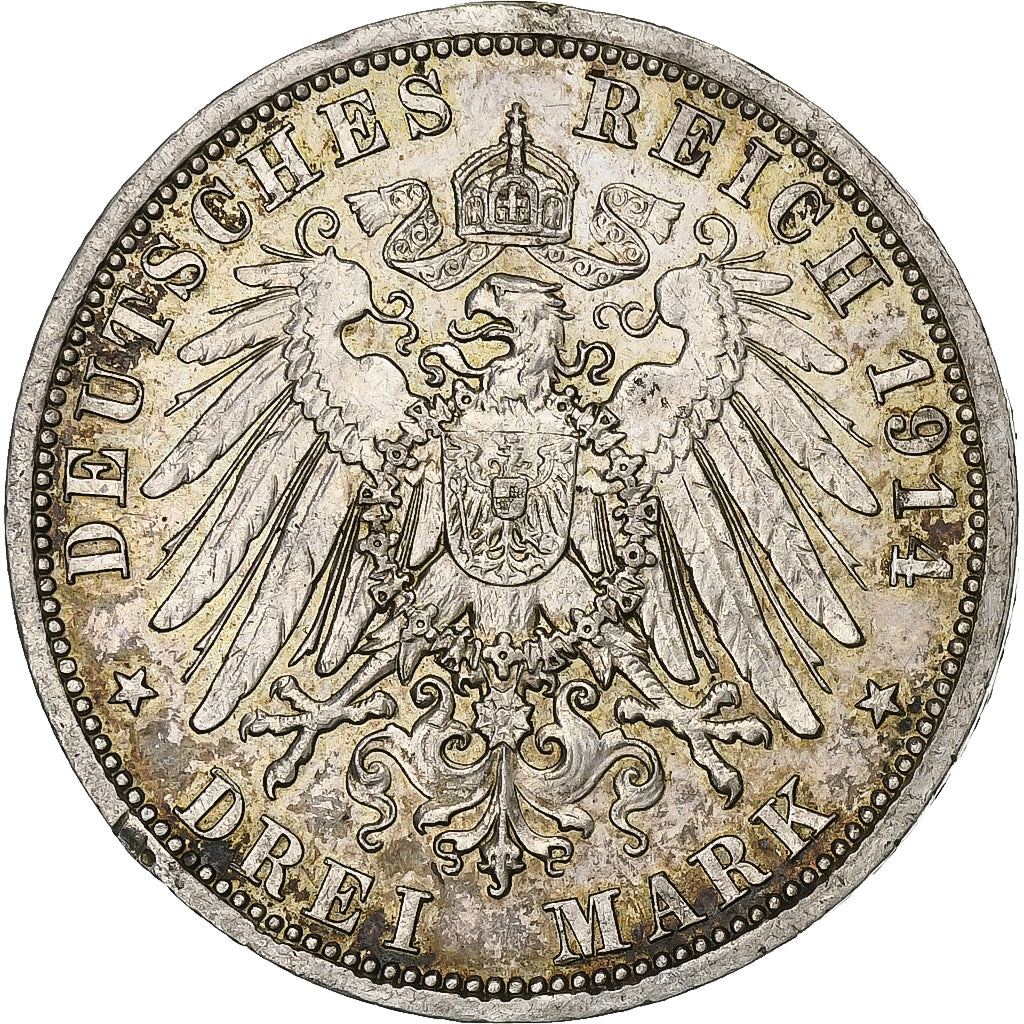 German States, PRUSSIA, Wilhelm II, 3 Mark, 1914, Berlin, Silver, EF(40-45)