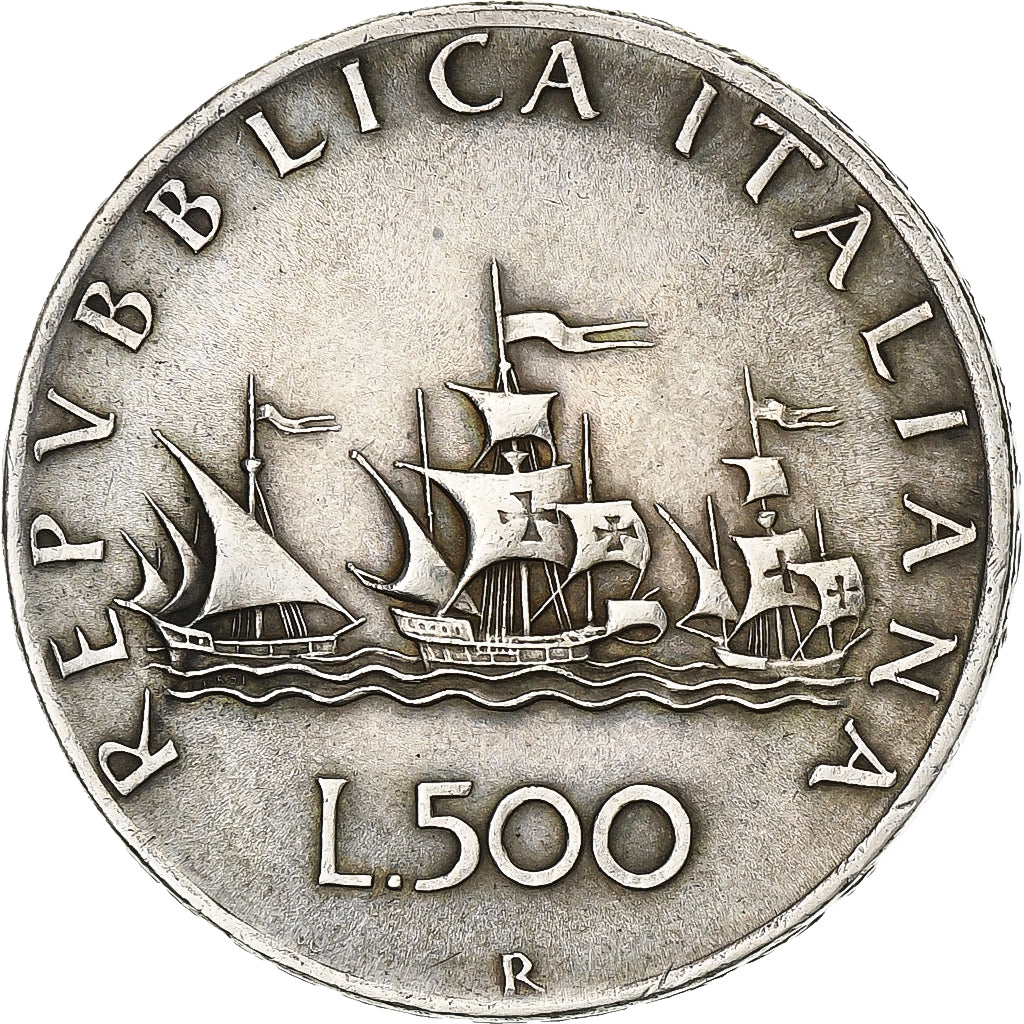 Itália, 500 Lire, Columbus' ships, 1958, Rome, Prata, EF(40-45)