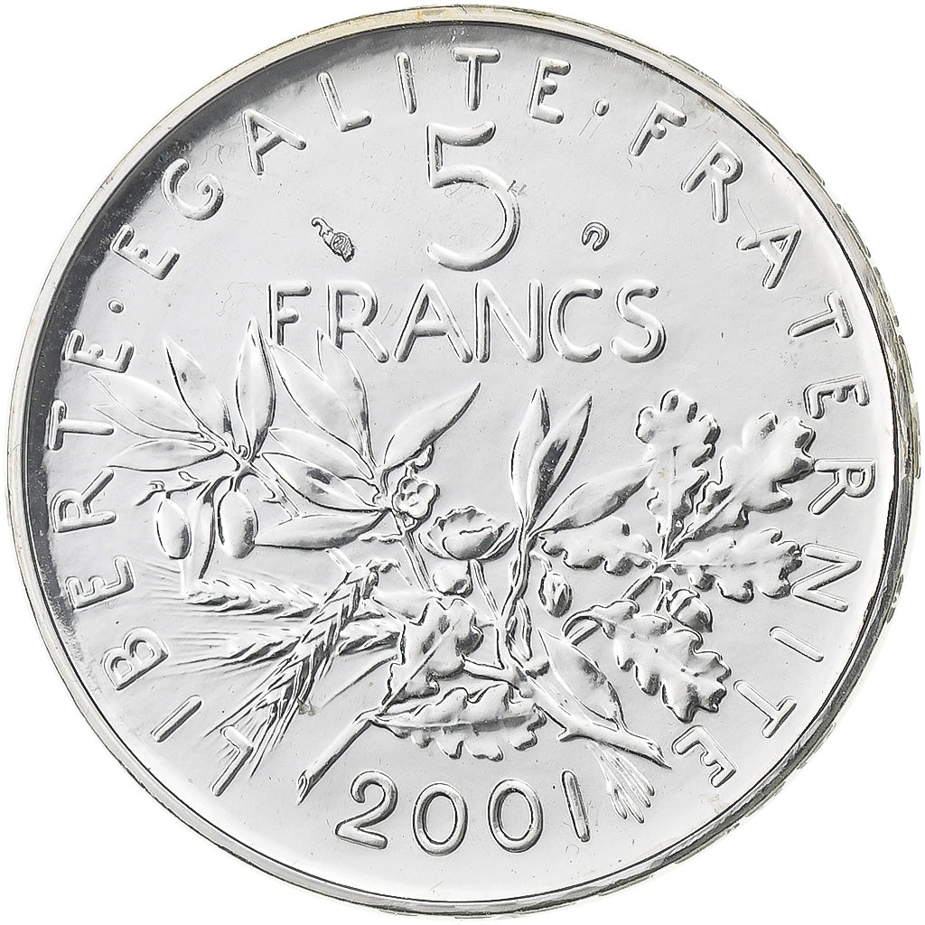 France, 5 Francs, Semeuse, 2001, Paris, BU, Silver, MS(65-70), KM:1309