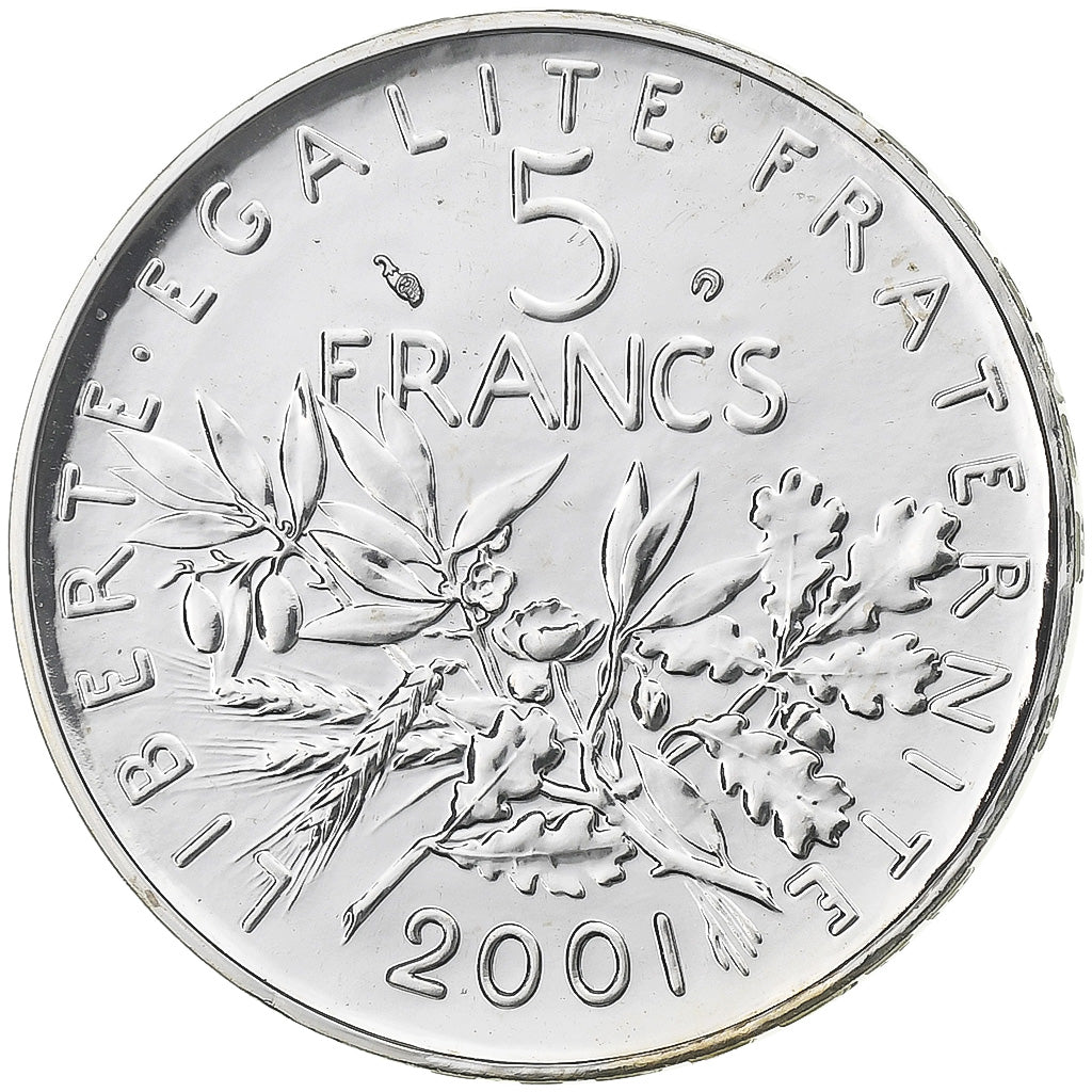 France, 5 Francs, Semeuse, 2001, Paris, BU, Silver, MS(65-70), KM:1309