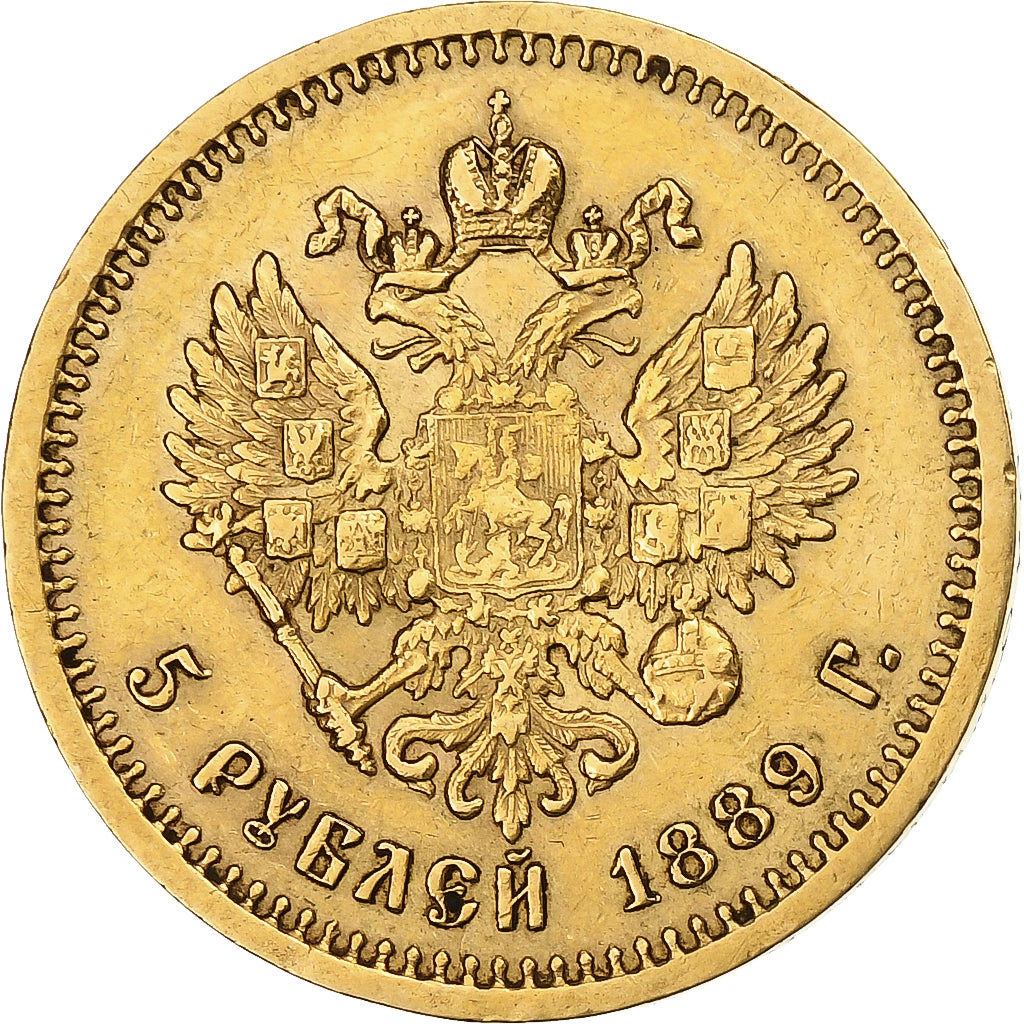 Rusia, Alexander III, 5 Roubles, 1889, St. Petersburg, Oro, MBC, KM:42