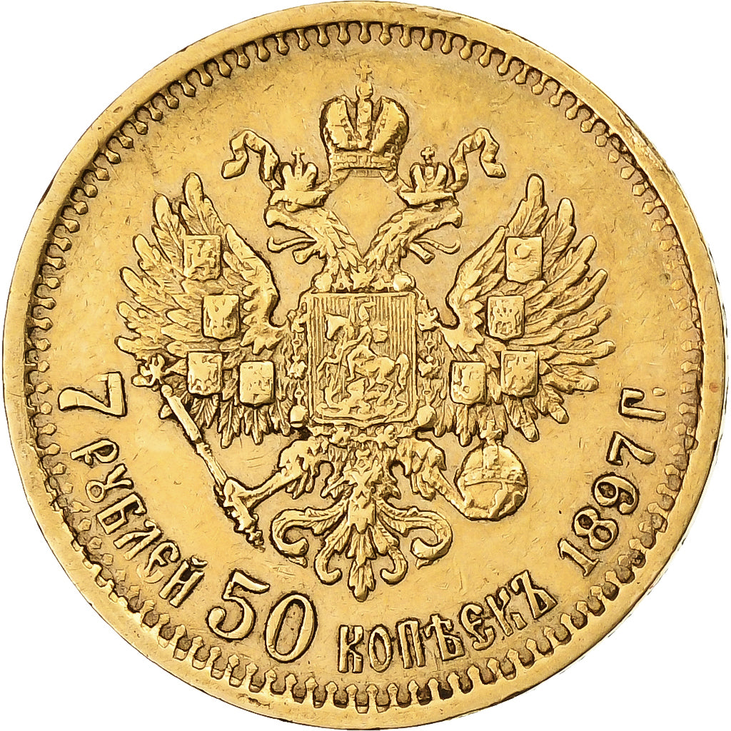 Rusia, Nicholas II, 7 Roubles 50 Kopeks, 1897, St. Petersburg, Oro, MBC, KM:63
