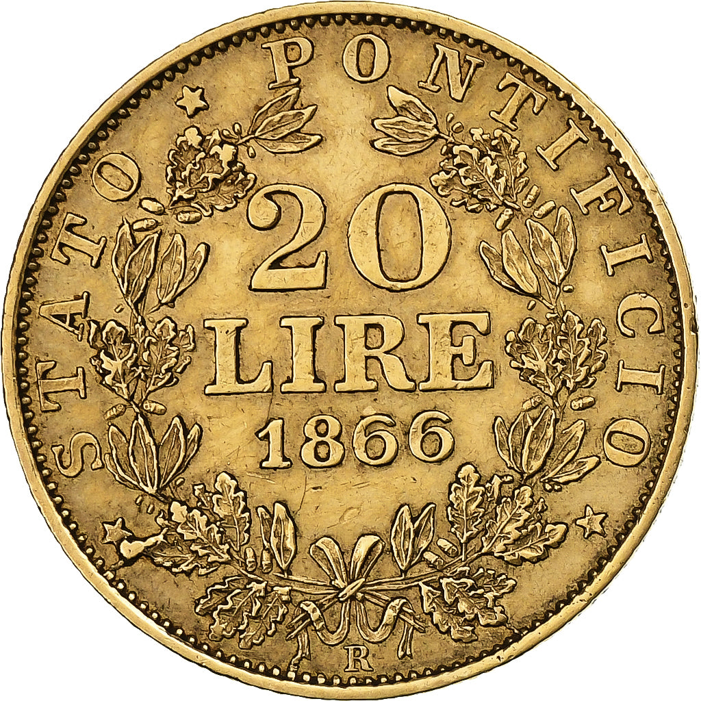 Estados italianos, PAPAL STATES, Pius IX, 20 Lire, 1866, Rome, Oro, EBC