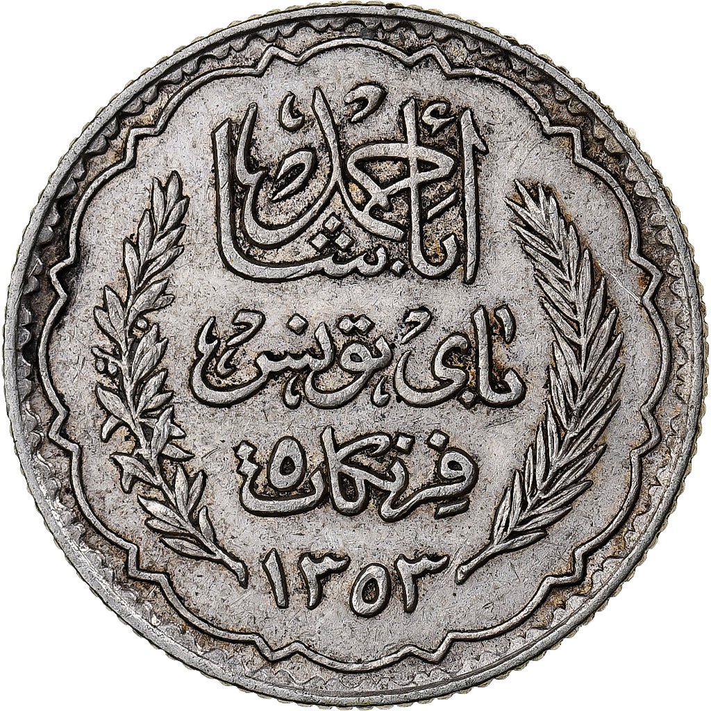 Tunesien, Ahmad Pasha Bey, 5 Francs, 1934, Paris, Silber, SS, KM:261