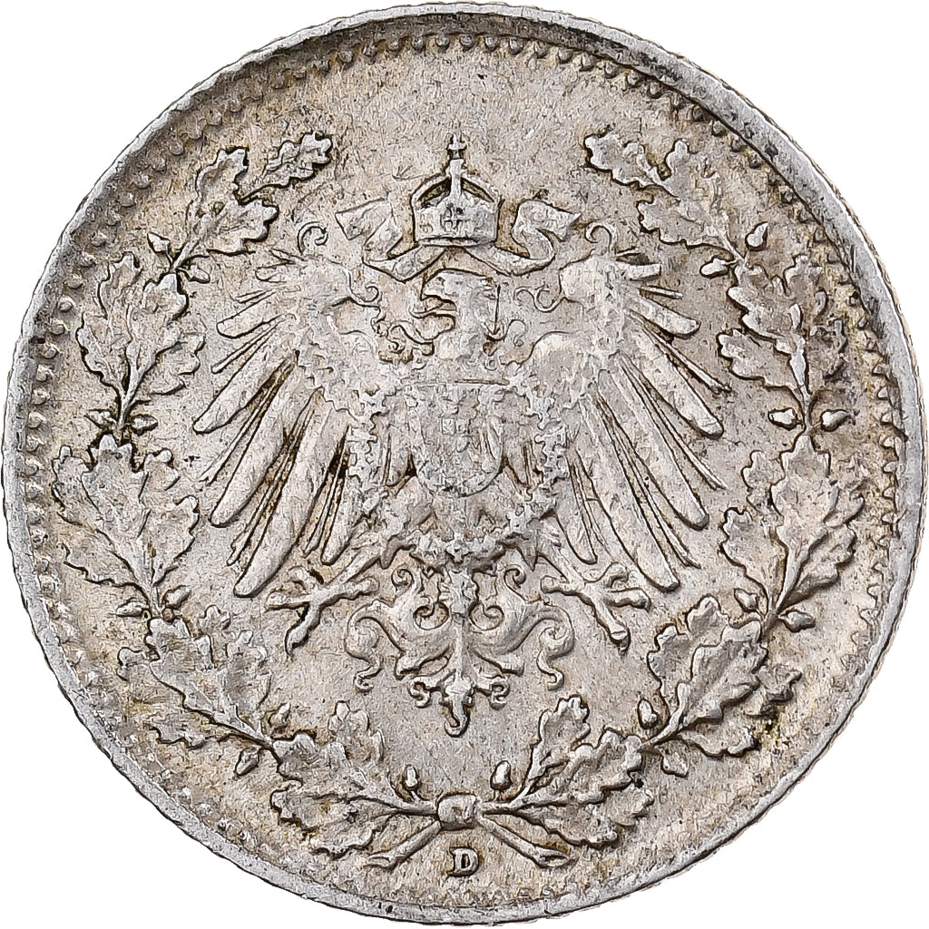 ALEMANIA - IMPERIO, 1/2 Mark, 1915, Munich, Plata, BC+, KM:17