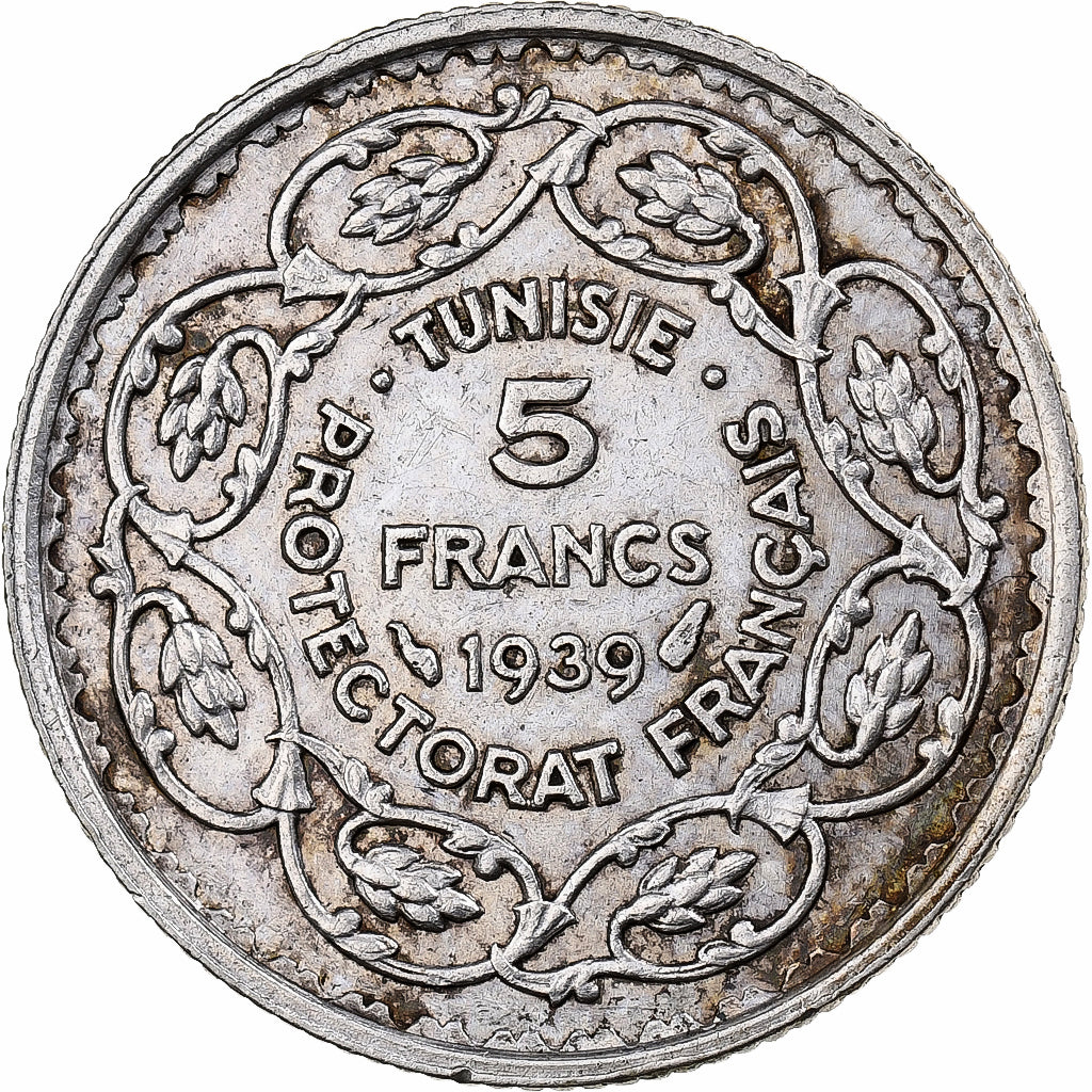 Tunesien, Ahmad Pasha Bey, 5 Francs, 1939, Paris, Silber, SS, KM:264