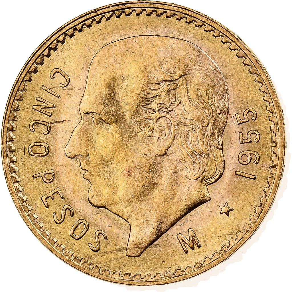 Mexico, 5 Pesos, 1955, Mexico City, Gold, MS(60-62), KM:464
