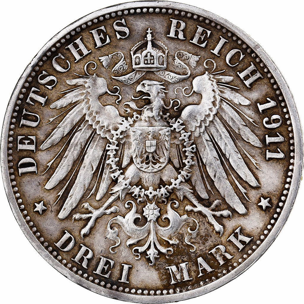 German States, WURTTEMBERG, Wilhelm II, 3 Mark, 1911, Freudenstadt, Silver