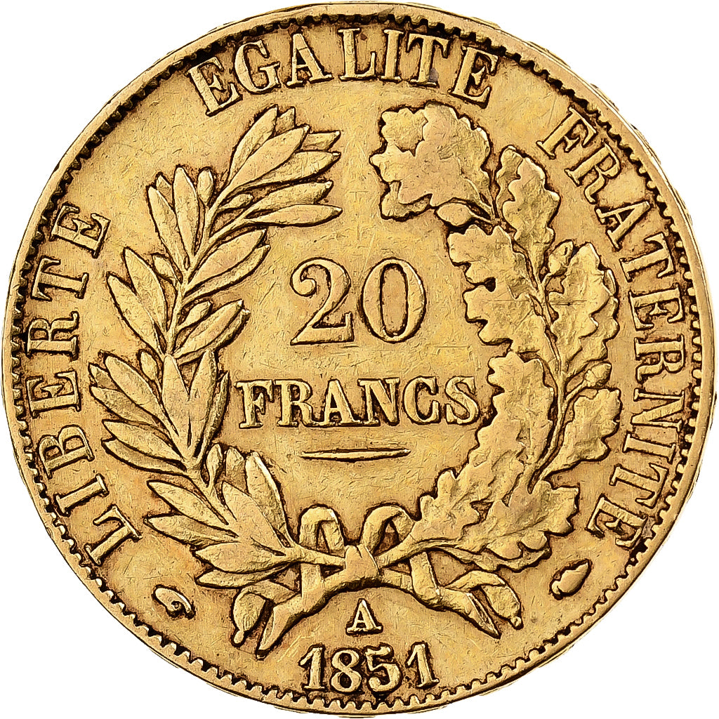 França, 20 Francs, Cérès, 1851, Paris, Dourado, AU(55-58), KM:762