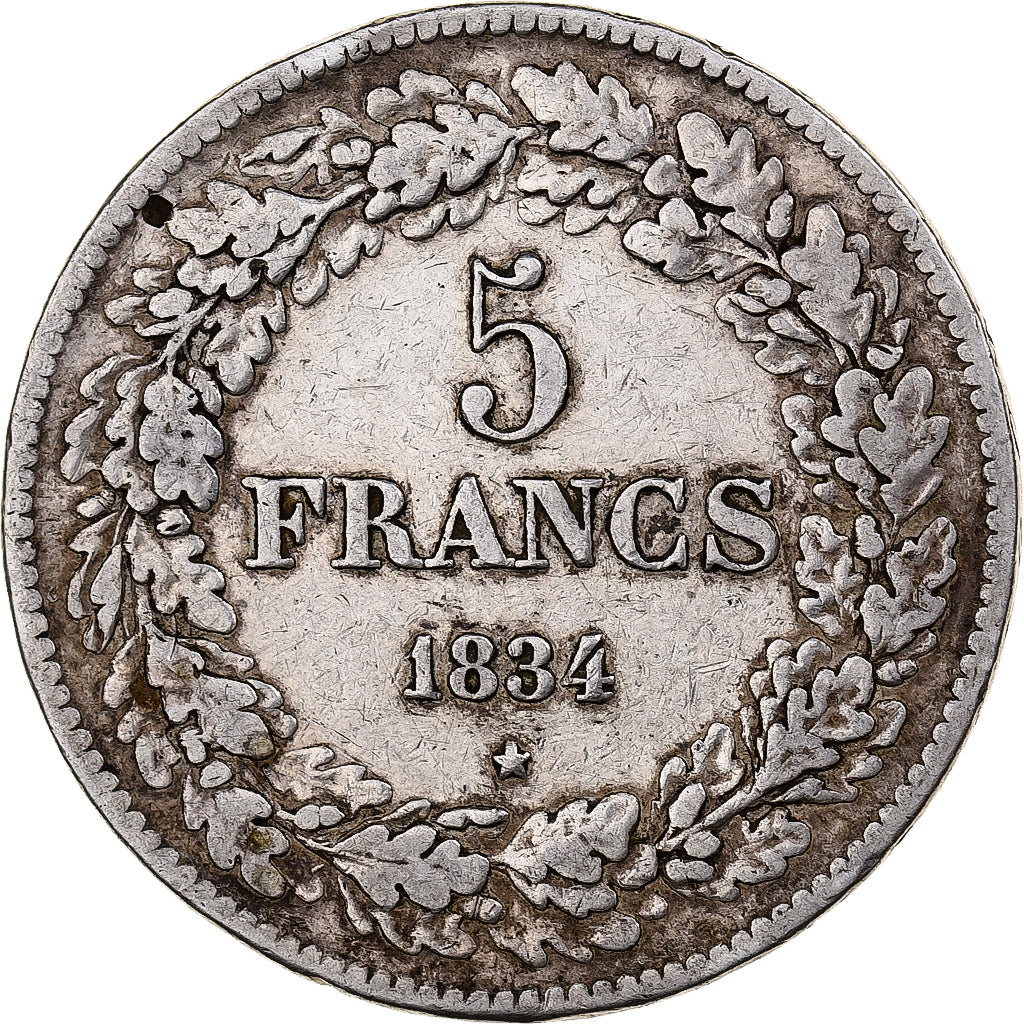 Belgium, Leopold I, 5 Francs, 5 Frank, 1834, Brussels, Silver, VF(30-35), KM:3.1