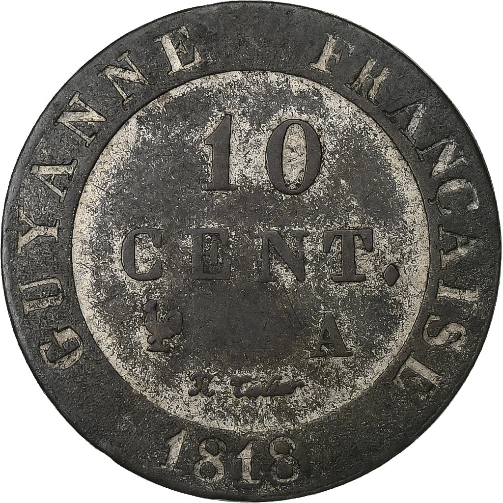 GUJANA FRANCUSKA, 10 Centimes, 1818, Paris, Bilon, VF(30-35), KM:A1