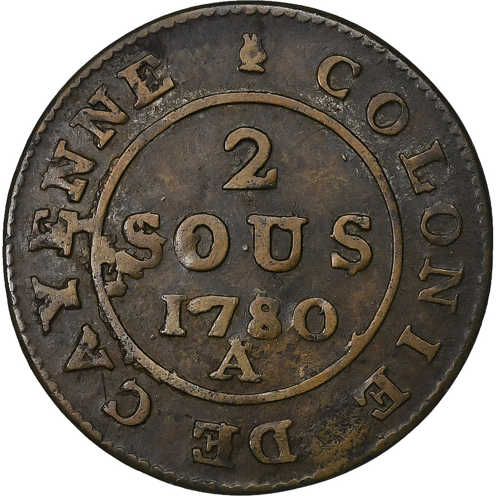 FRENCH GUIANA, 2 Sous, 1780, Paris, Billon, VF(20-25), KM:1