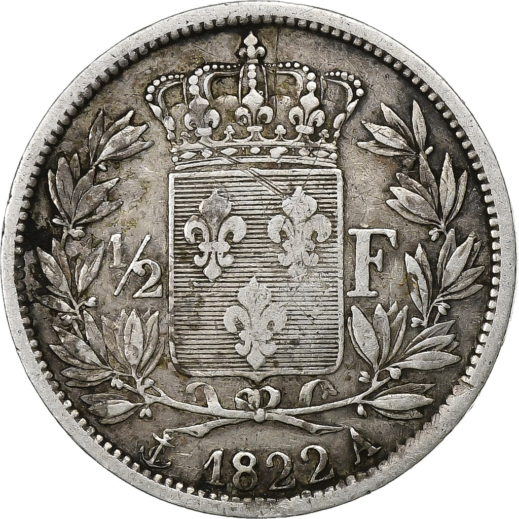 França, Louis XVIII, 1/2 Franc, Louis XVIII, 1822, Paris, Prata, VF(20-25)