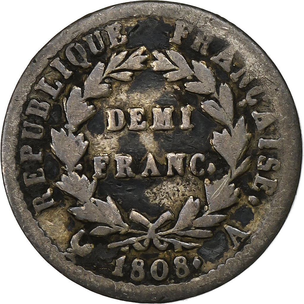 Frankrijk, 1/2 Franc, Napoléon I, 1808, Paris, Zilver, ZG+, KM:680.1