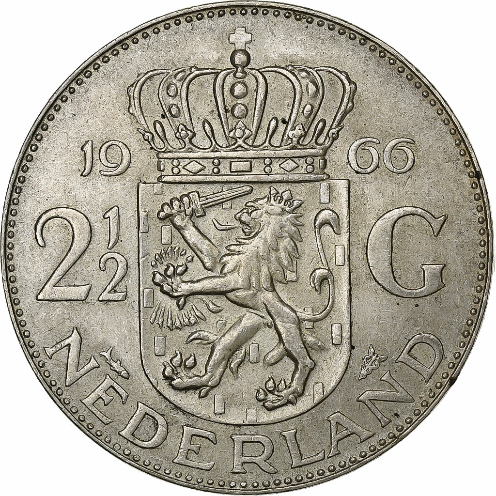 Netherlands, Juliana, 2-1/2 Gulden, 1966, Utrecht, Silver, EF(40-45), KM:185