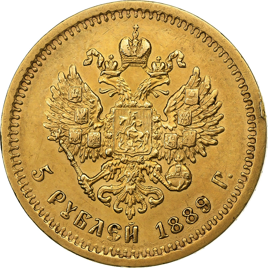 Russia, Alexander III, 5 Roubles, 1889, St. Petersburg, Złoto, AU(50-53), KM:42
