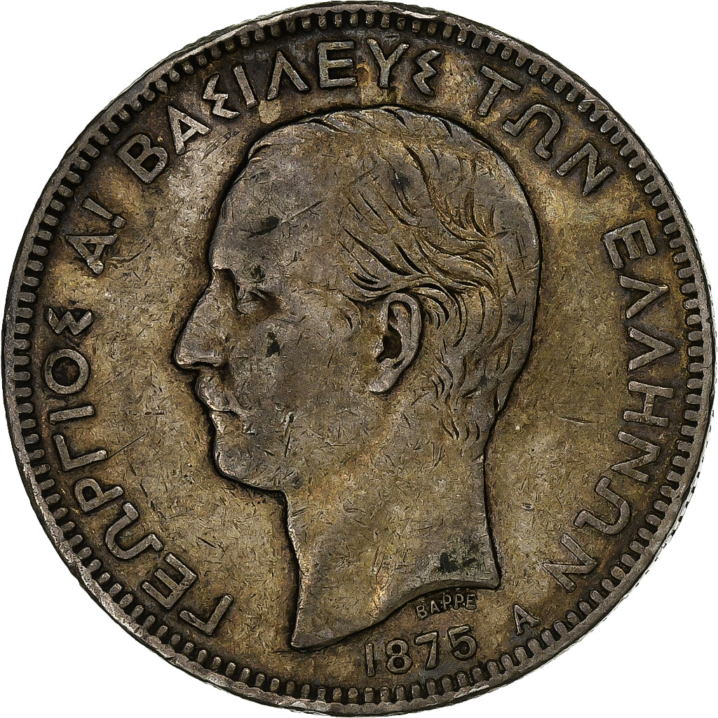 Greece, George I, 5 Drachmai, 1875, Paris, Silver, VF(30-35), KM:46